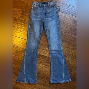 Fashion Nova Blue Flare Jeans with Studded Accents